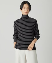 【洗える】カシミヤシルクシアーリブ ボーダー タートル カットソー