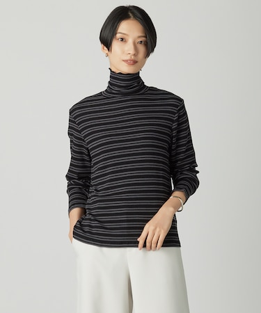 【洗える】カシミヤシルクシアーリブ ボーダー タートル カットソー