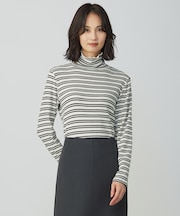 カシミヤシルク シアーリブ ボーダー タートル カットソー