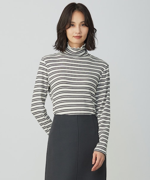 カシミヤシルク シアーリブ ボーダー タートル カットソー