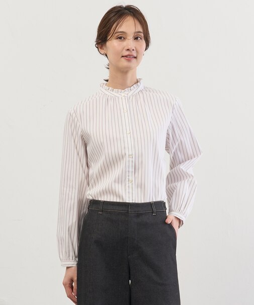 BEZコットンナイロン ストライプ フリル襟 ブラウス