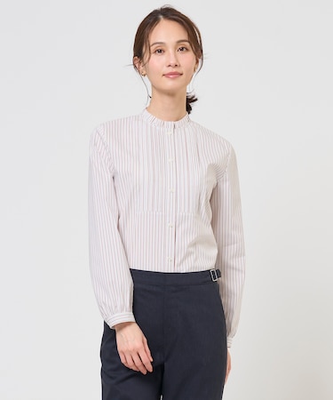 BEZコットンナイロン ストライプ フリル襟 ブラウス