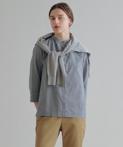 リネンminiチェック バンドカラー ブラウス