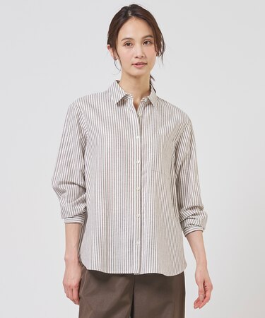 【一枚で着映え・セット着用可】リネンMIX ストライプ シャツ ブラウス