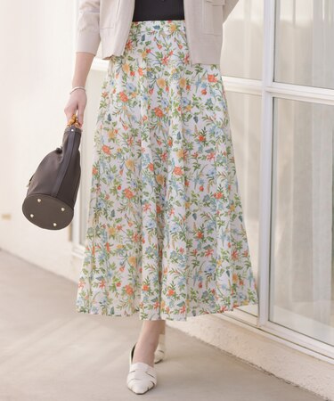 スパンボタニカル プリント ロング フレア スカート