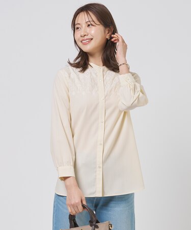【一枚で着映え】ストライプ×エンブロイダリー バンドカラー ブラウス