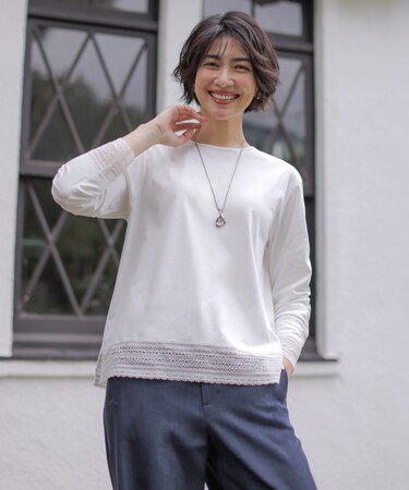 【レイヤードスタイルに】コットンスムース レースデザイン カットソー