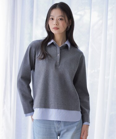 【一枚着で決まる】フェイクシャツジャージー 襟付き カットソー