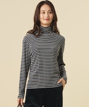 【レイヤードスタイルに】カシミヤシルク シアーリブ ボーダー タートル カットソー
