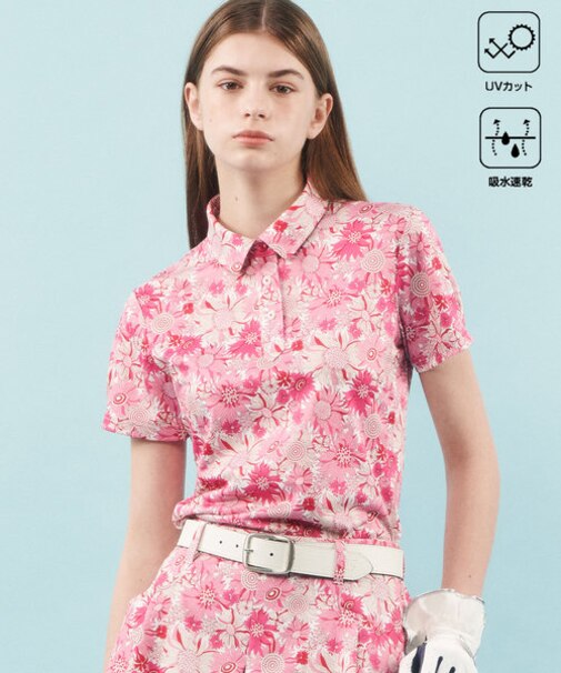 【WOMEN】【UVケア/吸水速乾】スプリングフラワー柄 半袖ポロシャツ
