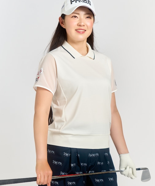 【辻梨恵プロ着用】【ストレッチ/UVケア】メッシュスリーブポロ 通気性抜群　袖メッシュでムレない