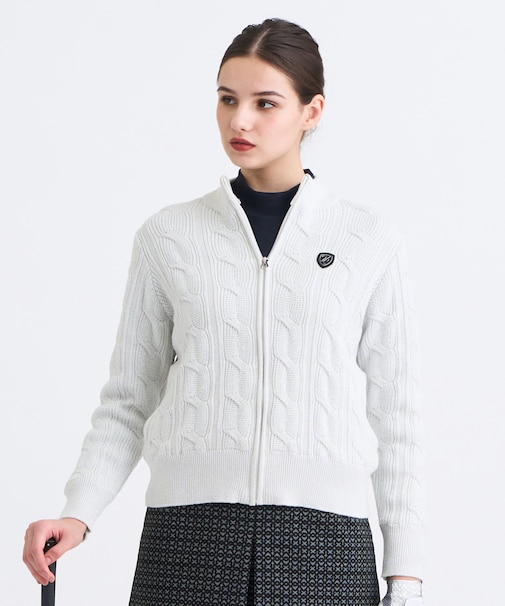 【WOMEN】ラメケーブルジップアップカーディガン 防風裏地付き