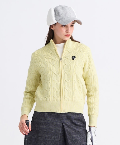 【WOMEN】ラメケーブルジップアップカーディガン　防風裏地付き