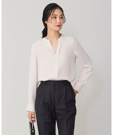 【人気のため新柄追加・洗える】Back Satin Amunzen キーネック長袖ブラウス