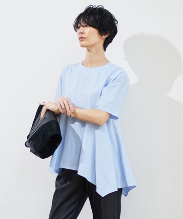 【洗える】ブラウスライクジャージー ハンカチーフヘムカットソー