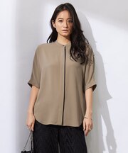 【新色追加・接触冷感・UVケア・速乾・洗える】BackSatinAmunzen 5分袖バンドカラーブラウス