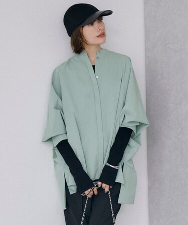 【洗える】ヴィンテージスパンブロード  バンドカラー長袖ブラウス