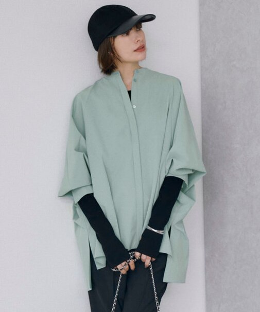 【洗える】ヴィンテージスパンブロード  バンドカラー長袖ブラウス