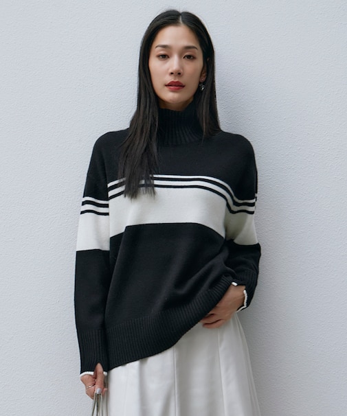 【CLASSY.1月号掲載・洗える】ソフトカシミヤミックス 配色ボーダーハイネックニット