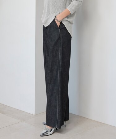 【洗える】 コットンリアクティブデニム ワイドストレートパンツ