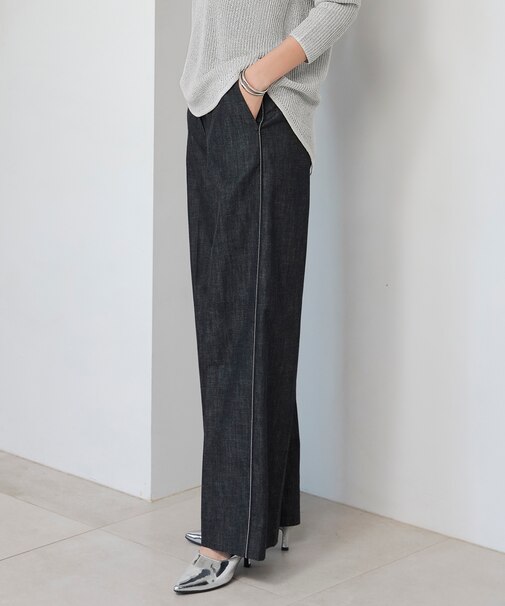 【洗える】 コットンリアクティブデニム ワイドストレートパンツ