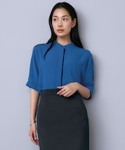 【人気のため新色追加・接触冷感・UVケア・速乾・洗える】BackSatinAmunzen 5分袖バンドカラーブラウス