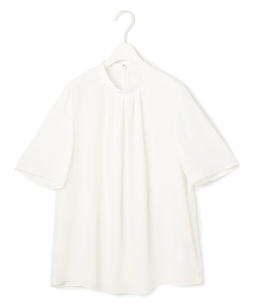 【接触冷感・UVケア・速乾・洗える】BackSatinAmunzen 5分袖ハイネックブラウス