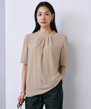 【接触冷感・UVケア・速乾・洗える】BackSatinAmunzen 5分袖ハイネックブラウス