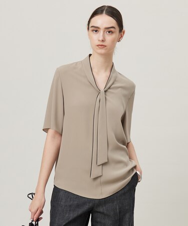 【人気のため新色追加・接触冷感・UVケア・洗える】BackSatinAmunzen 5分袖配色ボウタイブラウス