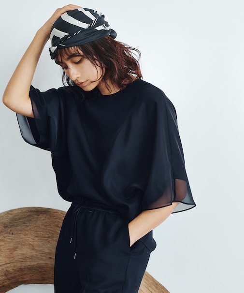 【UVケア・接触冷感・速乾・洗える】 FluidBackSatin  シアーコンビブラウス