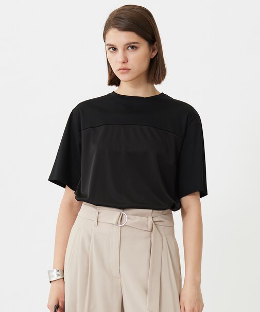 【接触冷感・UVケア・洗える】シルケットスムースコンビ Tブラウスカットソー