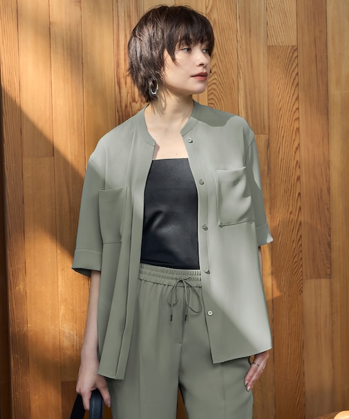 【UVカット・防シワ・洗える】ライトダブルクロス バンドカラーブラウス