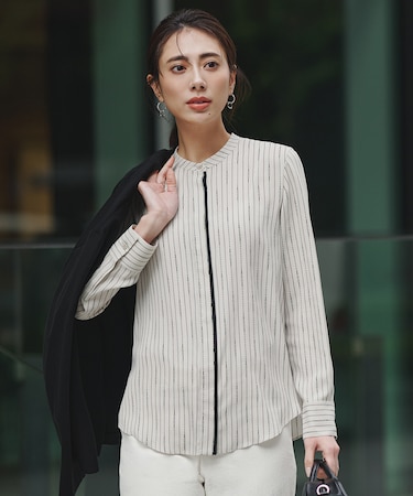 【新色追加・WEB限定カラーあり】BackSatinAmunzen バンドカラーブラウス