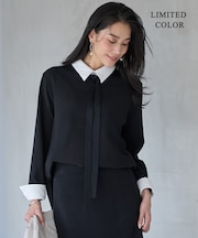 【WEB限定カラーあり】マラボーテＷジョーゼット ボウタイ付きシャツカラートップス