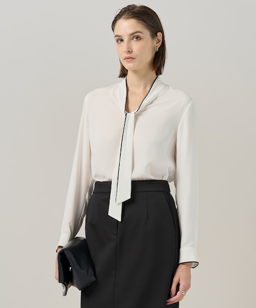 【接触冷感・UVケア・速乾・洗える】BackSatinAmunzen 配色ボウタイブラウス