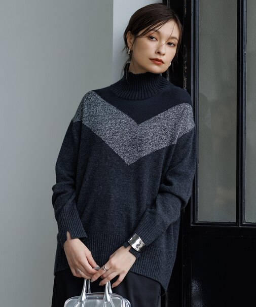 ソフトカシミヤミックス インターシャ ハイネックニット