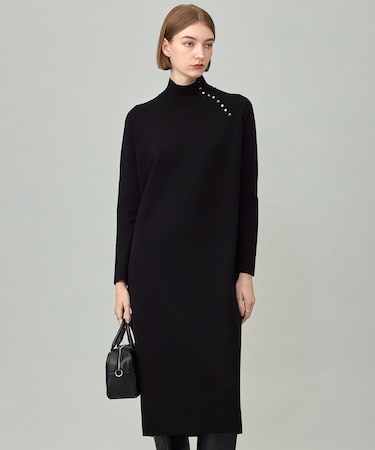 【洗える】 シルキーウールダブルフェイス ハイネックニットワンピース