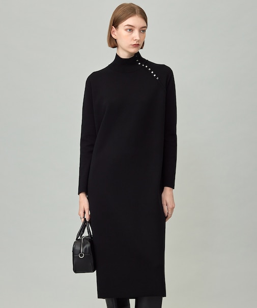 【洗える】 シルキーウールダブルフェイス ハイネックニットワンピース