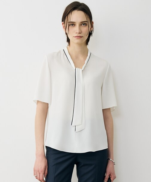 BackSatinAmunzen 5分袖配色ボウタイブラウス