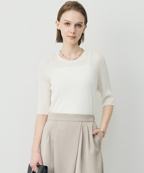 リネンブレンドシアー クルーネックリブニット