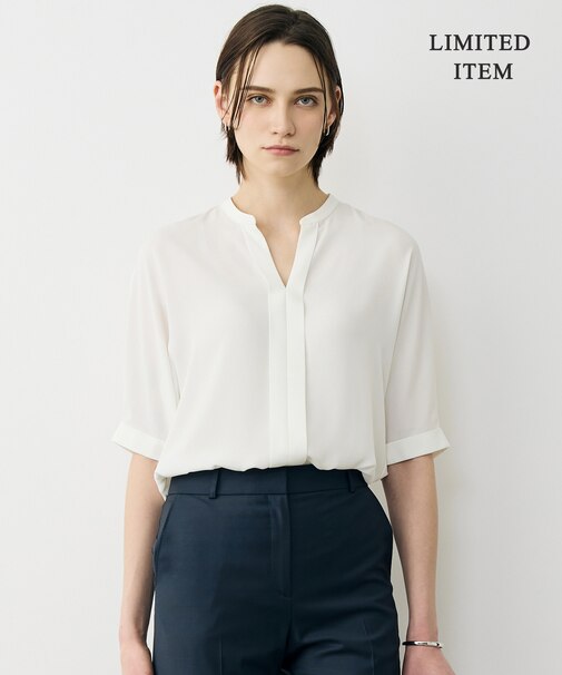 【WEB限定】BackSatinAmunzen 5分袖キーネックブラウス