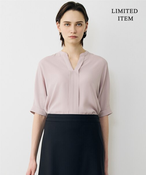 【WEB限定】BackSatinAmunzen 5分袖キーネックブラウス