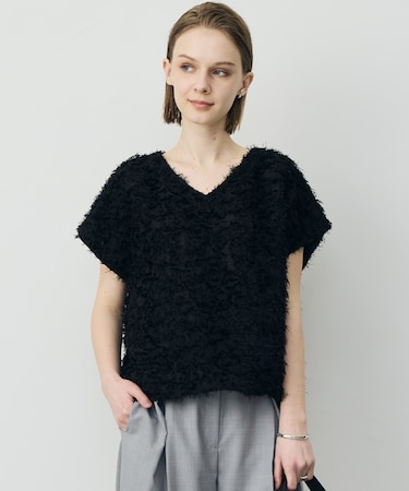 シアーカットジャガード Vネックトップス