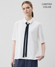 【WEB限定カラーあり】マラボーテライトジョーゼット 半袖ボウタイ付きシャツカラートップス