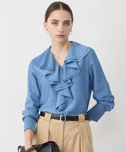 シルキーシフォン Vネックフリルカラーブラウス