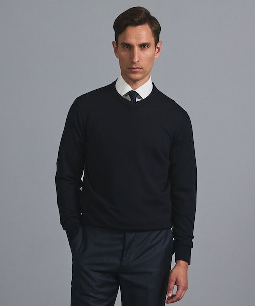 オリジナル設計【洗える/チクチクしにくい/ピリングしにくい】イタリア糸 ハイゲージ Ｖネックニット_WOOL100%