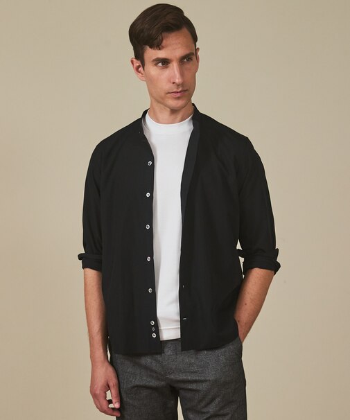 【シワになりにくい/洗える】TCブロード シャツ_バンドカラー