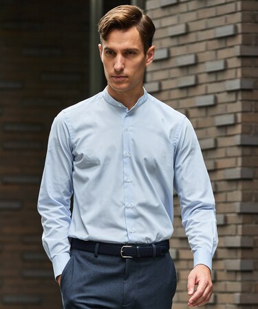 【シワになりにくい/洗える】TCブロード シャツ_バンドカラー