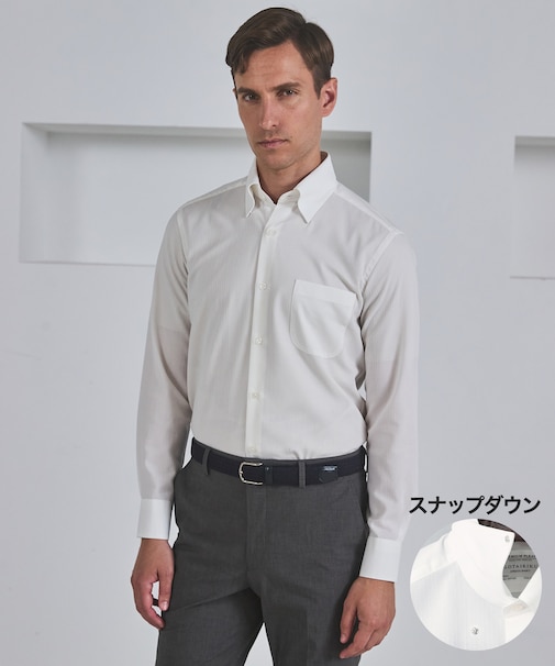 春夏向け【形態安定】SUMMERPREMIUMPLEATS_スナップダウンカラー _織柄_ 長袖ドレスシャツ(26年モデル)