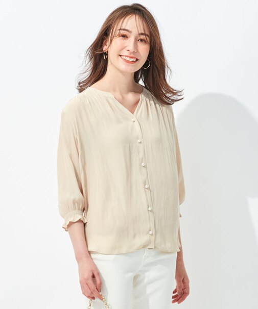 【WEB限定/セットアップ着用可/洗える】ブライトサテンライト Vネックブラウス